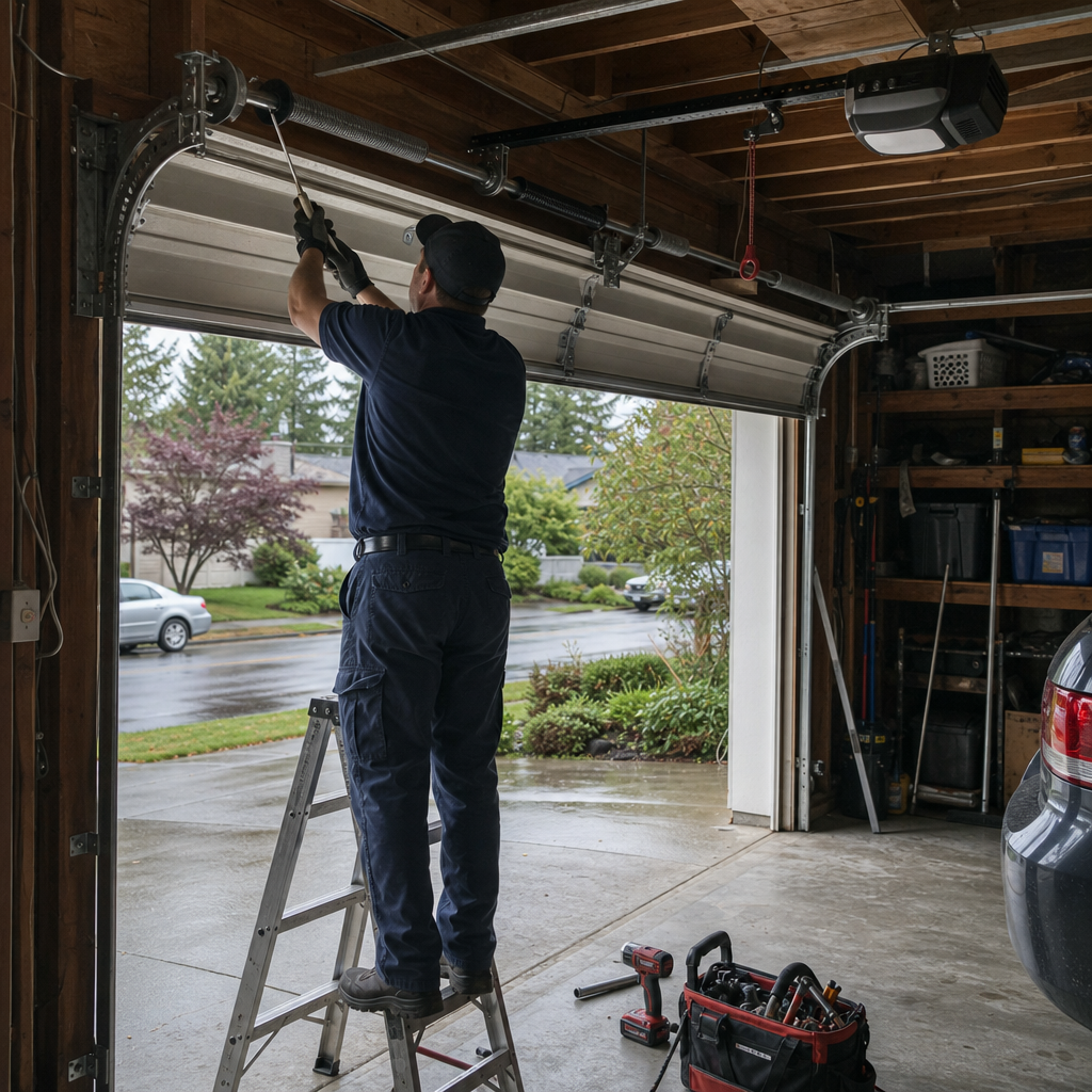 Technician performing emergency garage door spring repair on a ladder in Seattle, WA