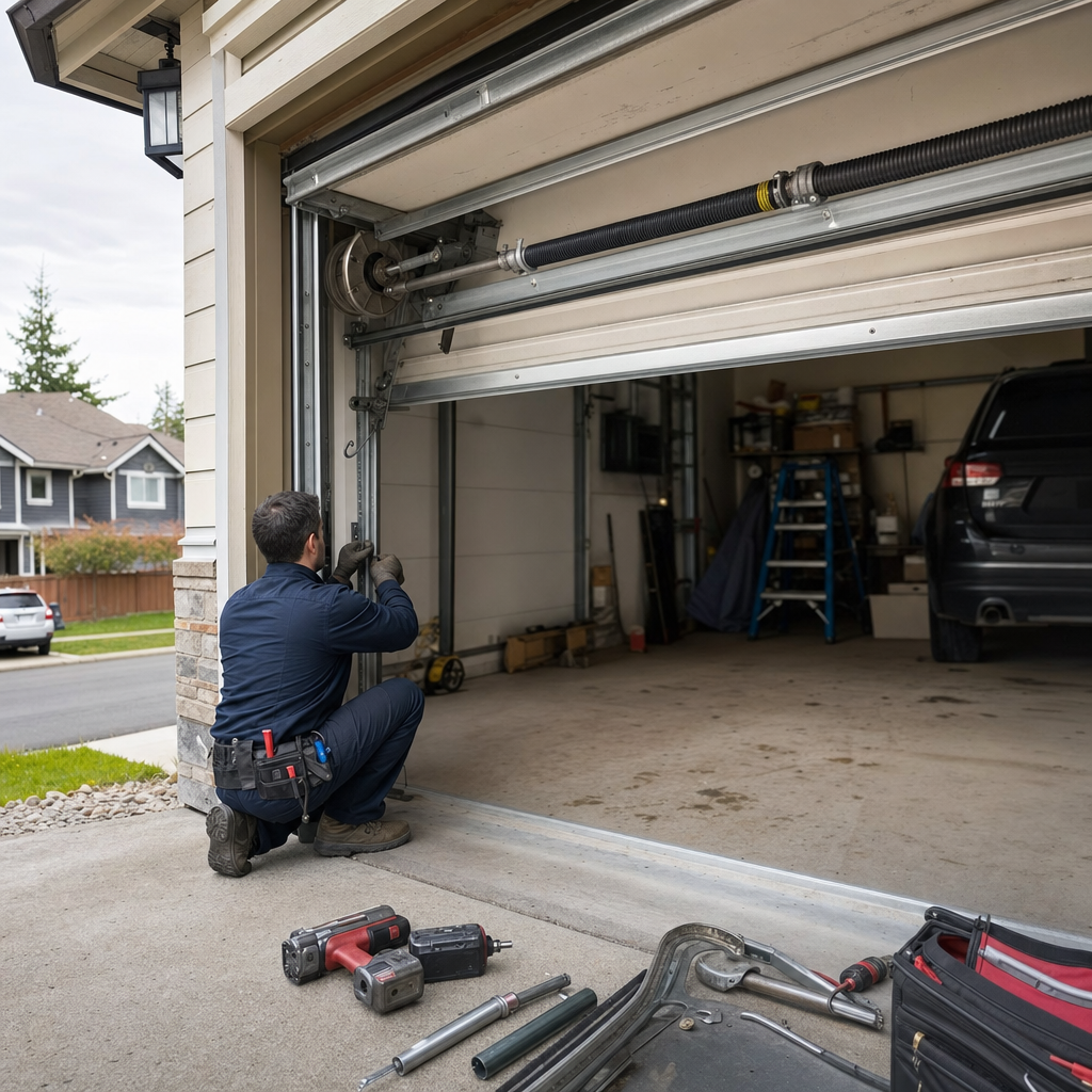Professional technician performing emergency garage door repair service in Fife, WA