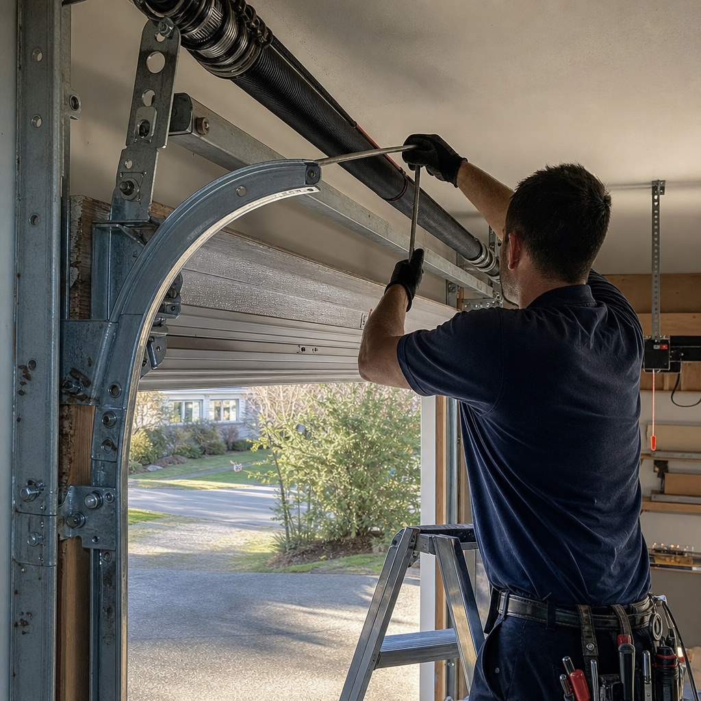 Technician performing emergency garage door torsion spring repair on a ladder in Burien, WA