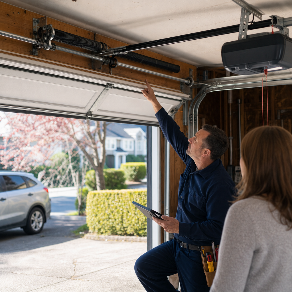 Technician pointing at garage door spring while explaining repairs to customer in Washington, WA