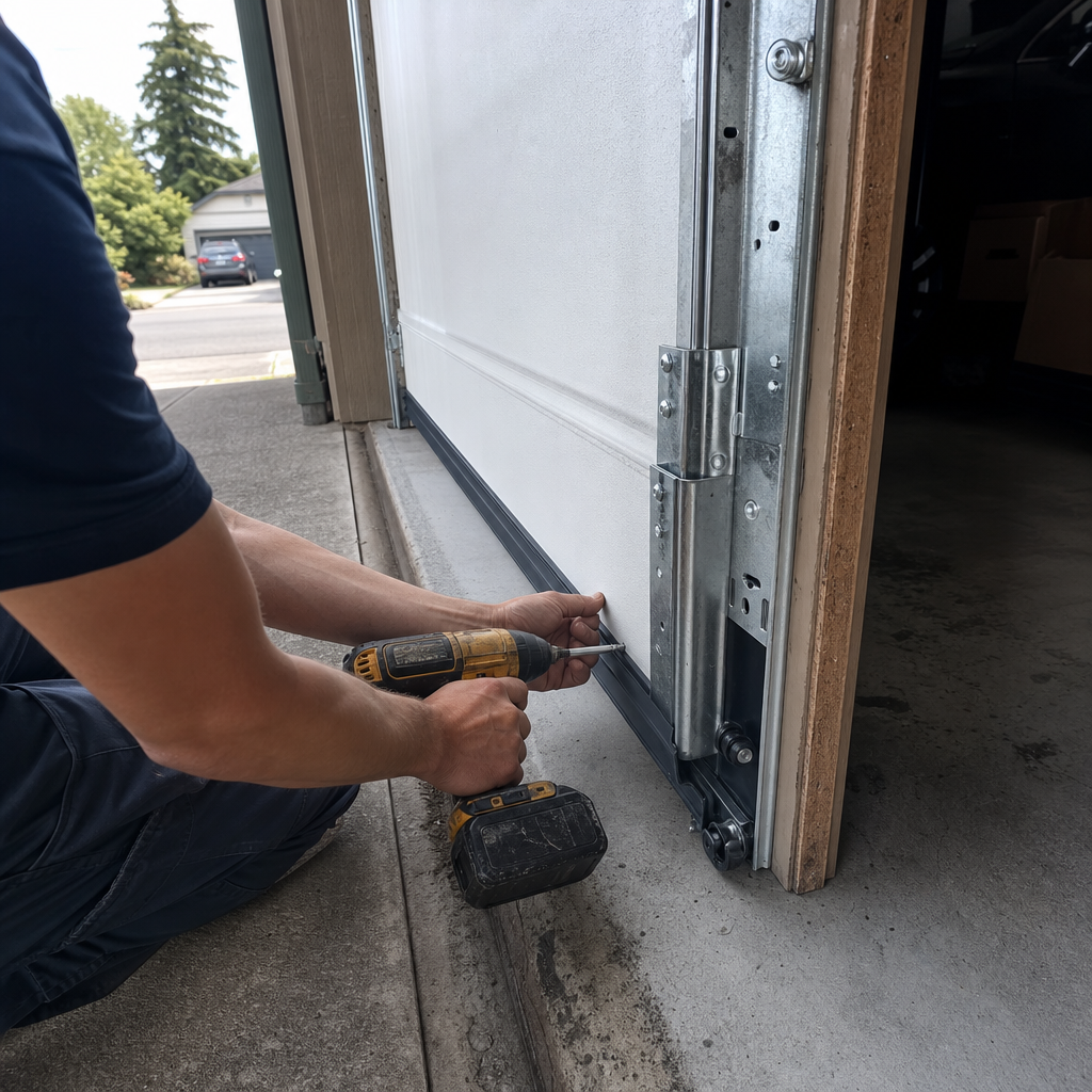 Technician using a power drill to install a garage door weather seal in Brier, WA