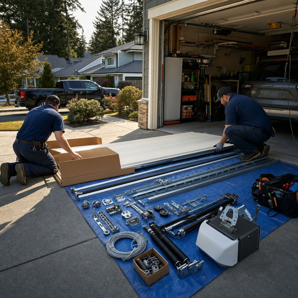 Two professional technicians installing a new residential garage door in Dishman, WA