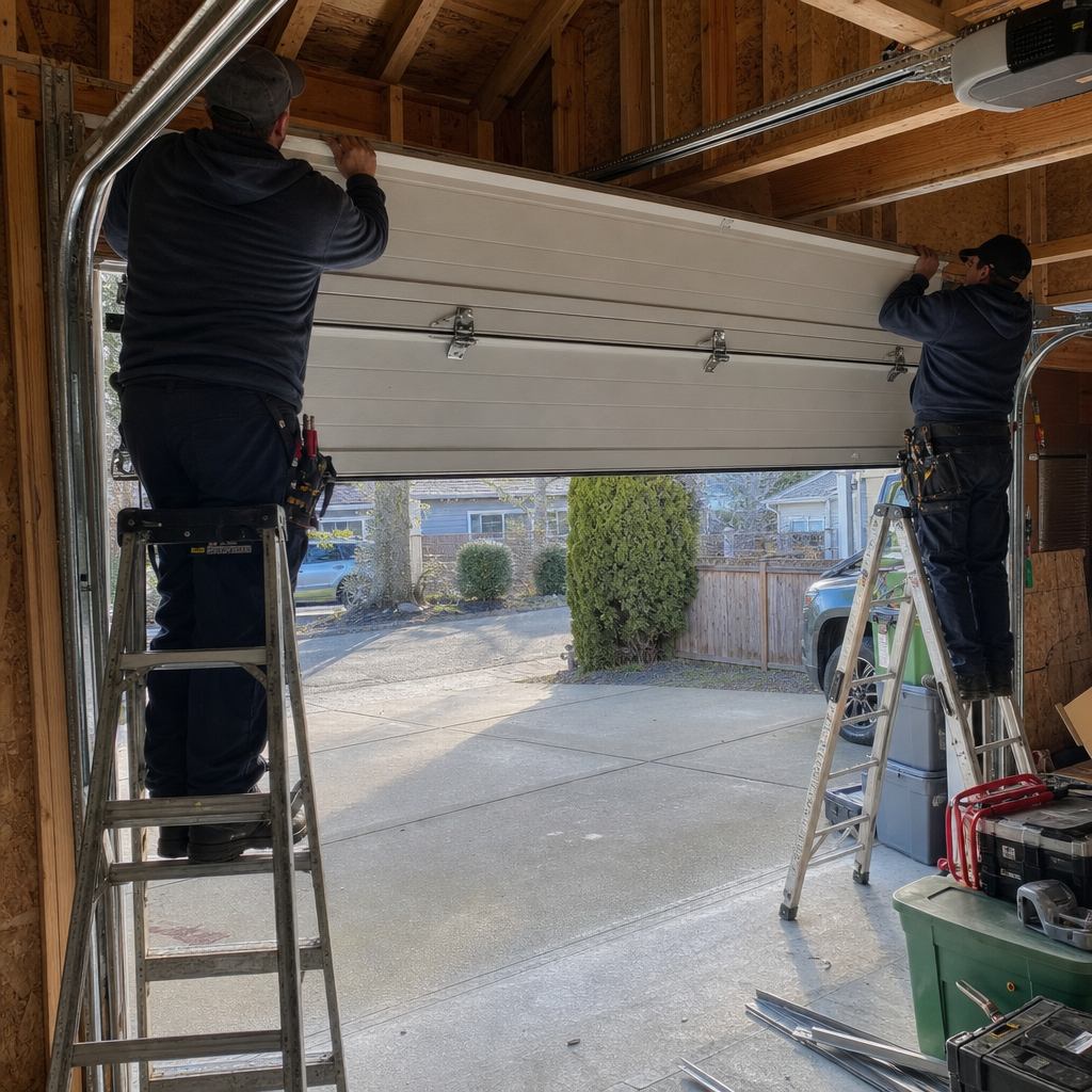 Two professional technicians installing a new residential garage door in Steilacoom, WA