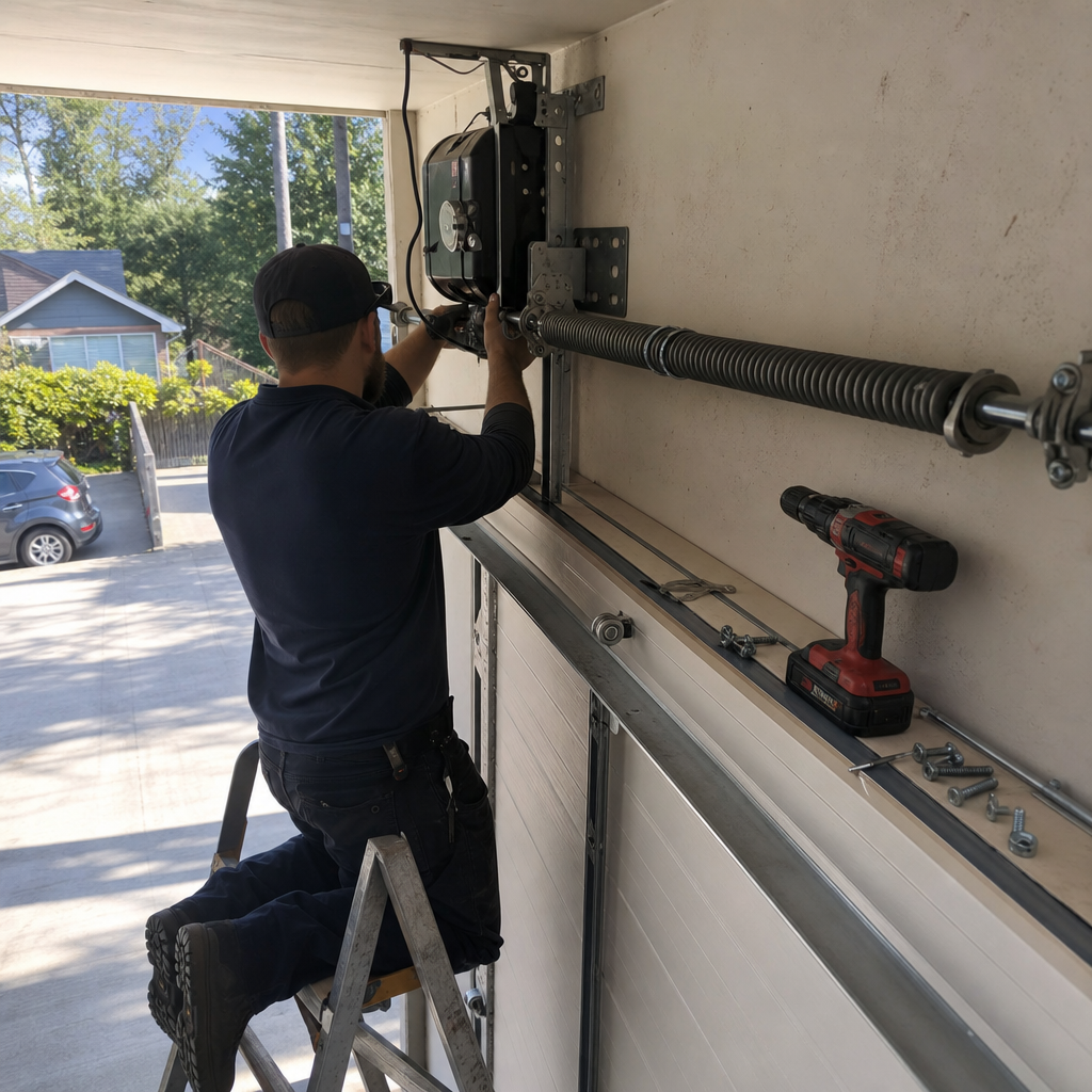 Technician installing a garage door opener unit on a wall in Newberg, WA