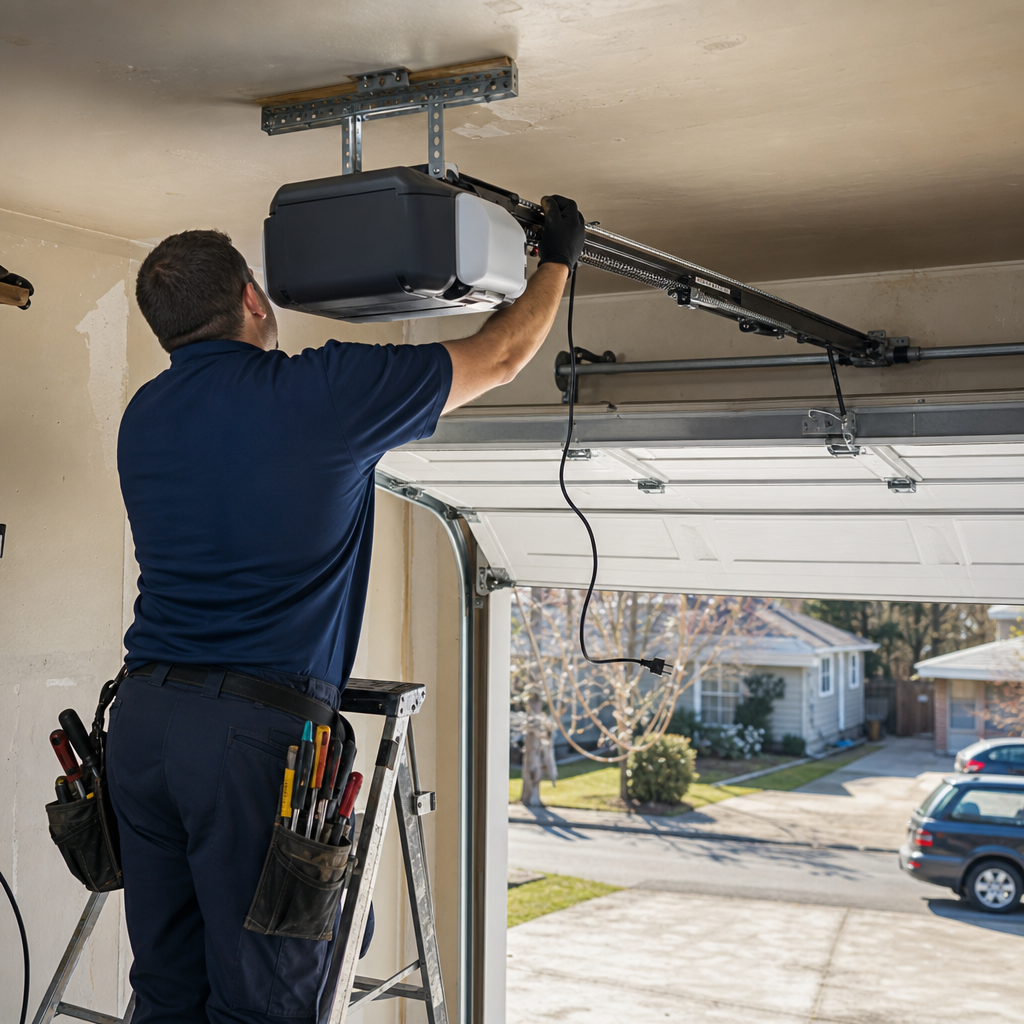 Technician performing professional garage door opener installation and maintenance in Bothell East, WA