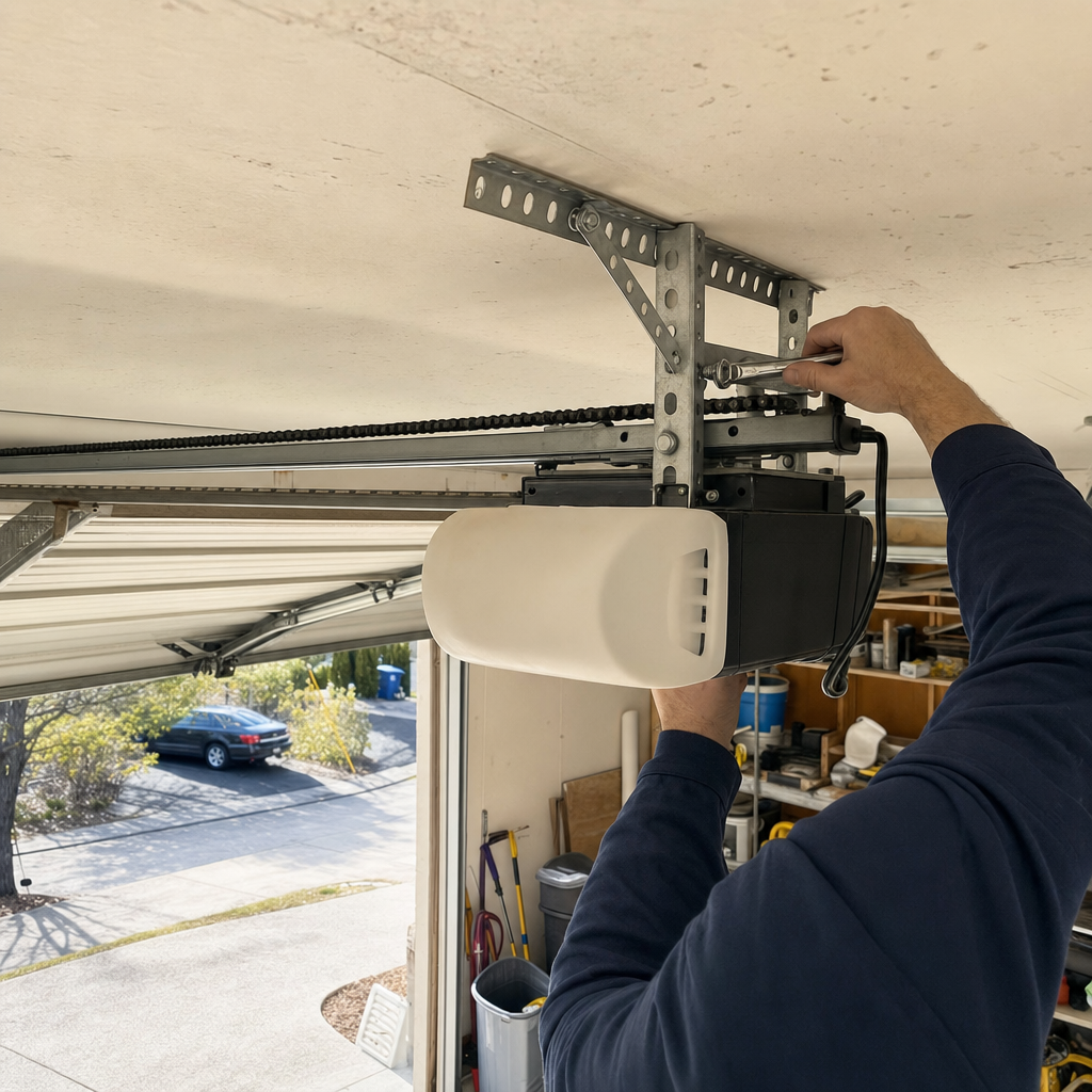 Technician using a wrench to repair a ceiling-mounted garage door opener in Graham, WA