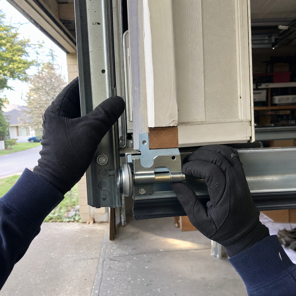 Technician installing new garage door hinge and roller components in Bethany, WA
