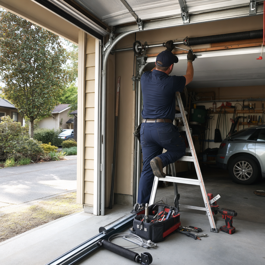 Technician performing professional garage door spring repair and maintenance in Gladstone, WA