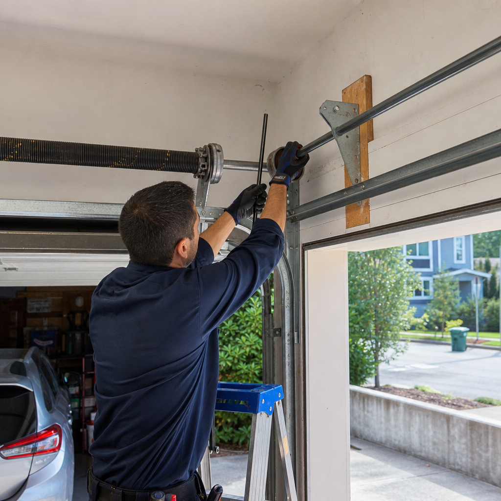 Technician performing garage door spring repair and maintenance in Felida, WA