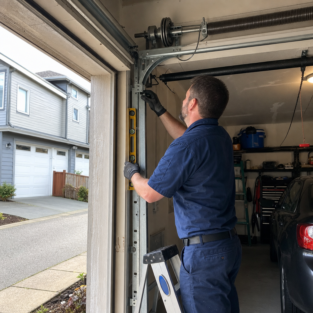 Technician using a level to repair garage door track in Riverton, WA