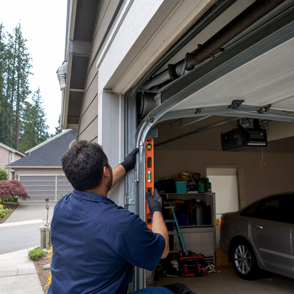 Technician using a spirit level for garage door track alignment in Cedar Mill, WA