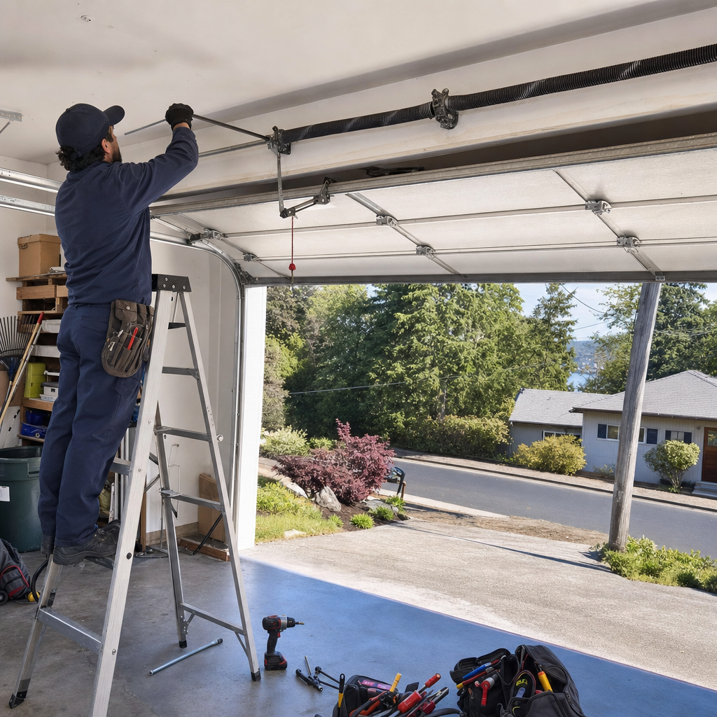 Technician performing professional garage door spring repair and maintenance in Monroe, WA
